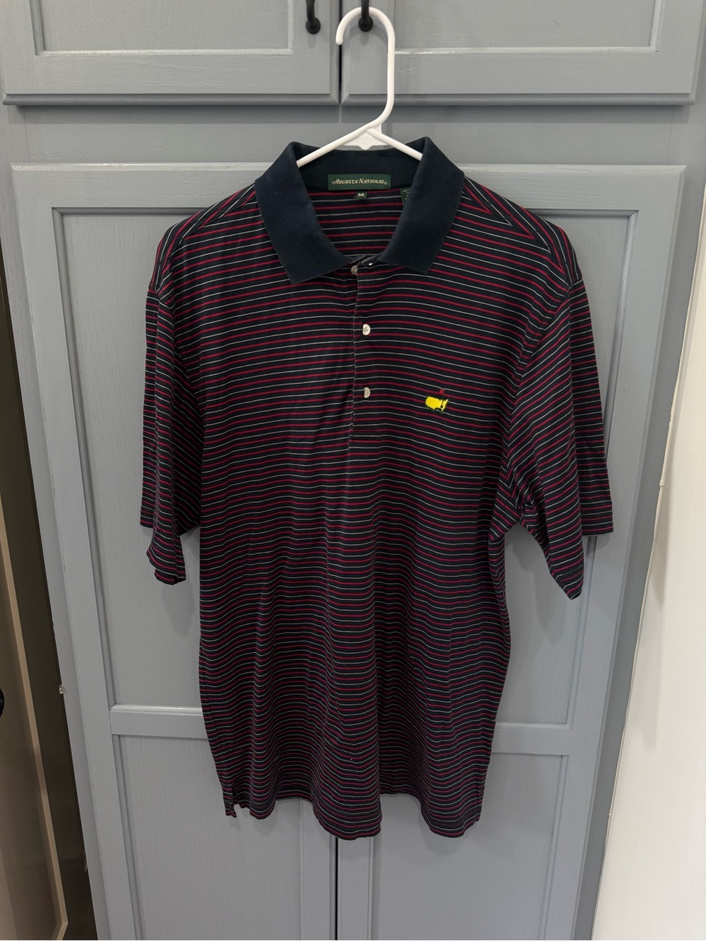 Mens Masters Golf Augusta GA Striped Polo Shirt with Contrast Collar - Navy/Red